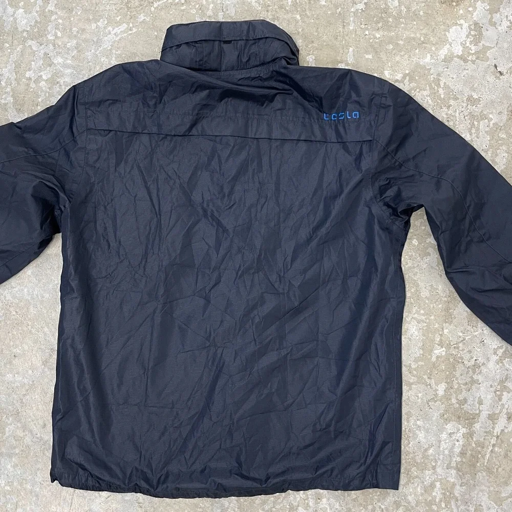 Tesla‎ Jacket Mens Medium Blue Waterproof Hooded Lightweight Logo Zip Snap